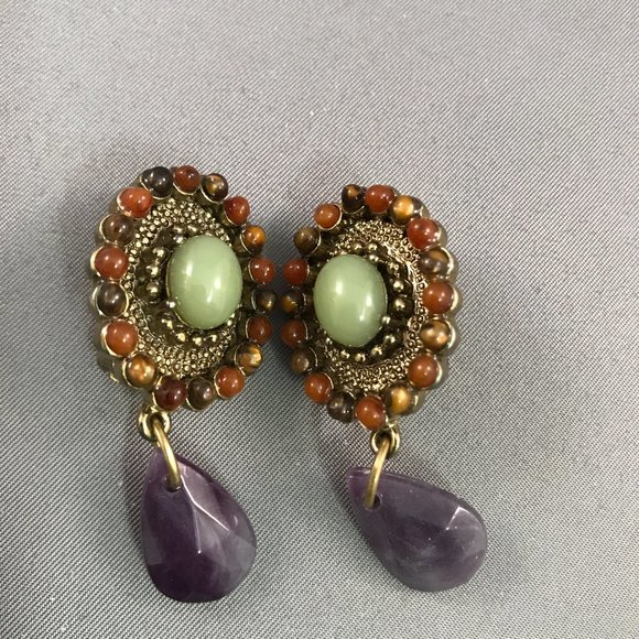 Vintage Clip On Earrings Multi Stones - Picture 2 of 6